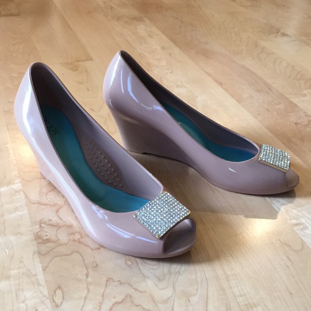 Oka B nude wedge peep toe rhinestone